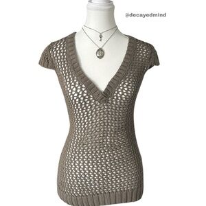 Y2K “SWS” Military Green Crochet Knit Sheer V-Neck Short Sleeve Top